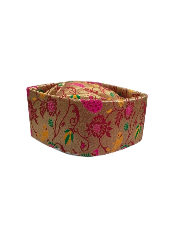 Firstdemand Traditional Maroon Golden Printed Brocade Topi for Men, Wedding Cap, Pooja Turban, Canvas Material, Free Size, Ready to Wear - Image 1